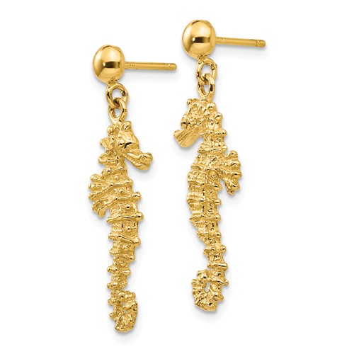 14k Yellow Gold Seahorse Dangle Post Earrings