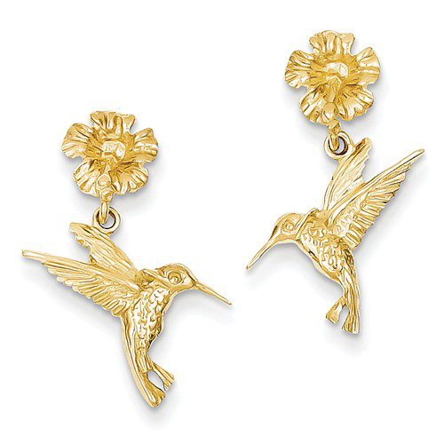 14k Yellow Gold Hummingbird and Flower Earrings