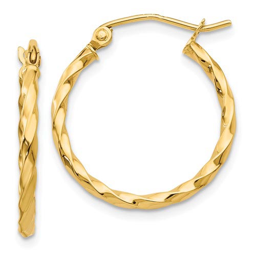 14k Yellow Gold Slender Round Twist Hoop Earrings 3/4in