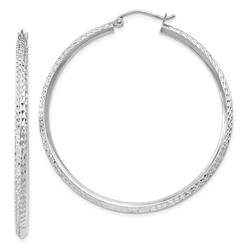 14k White Gold Hollow Knife Edge Diamond-cut Hoop Earrings 1 3/4in