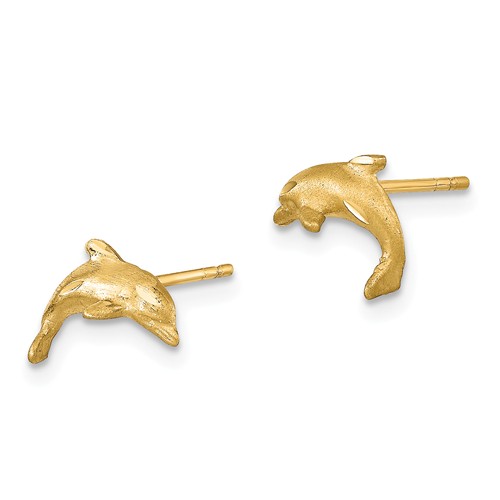 14k Yellow Gold Diamond-Cut Dolphin Post Earrings with Satin Finish