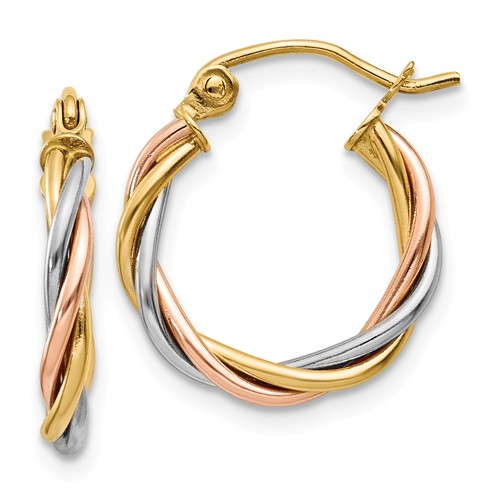 14kt Tri-Color Gold 1/2in Twisted Hoop Earrings 2.5mm