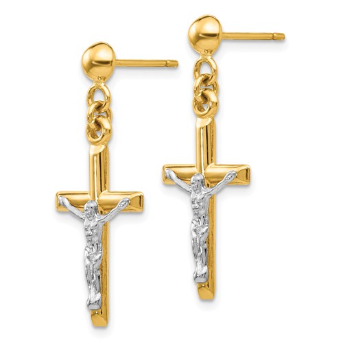 14k Two-tone Gold Hollow Crucifix Dangle Earrings