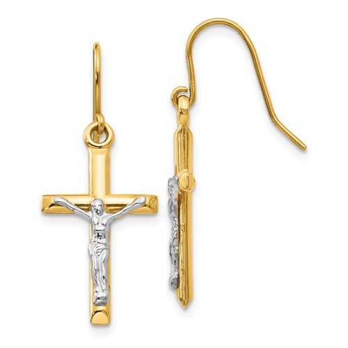 14k Two-Tone Gold Crucifix Dangle Earrings