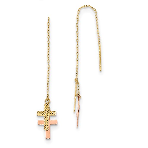 14k Two-tone Gold Latin Cross Threader Earrings