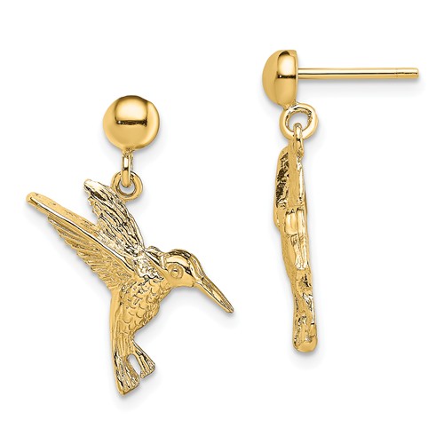 14k Yellow Gold Hummingbird Dangle Ball Earrings