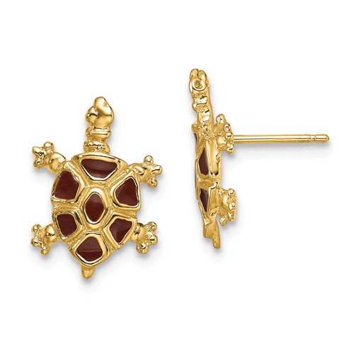 14k Yellow Gold Brown Enamel Turtle Post Earrings