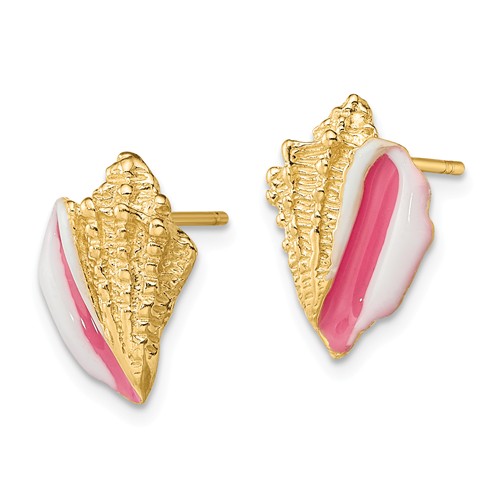 14K Yellow Gold Enamel Conch Shell Post Earrings