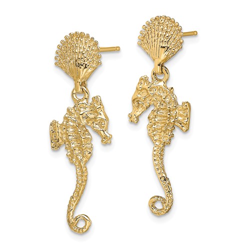 14k Yellow Gold Scallop Shell And Seahorse  Dangle Earrings