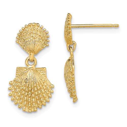 14k Yellow Gold Beaded Scallop Shell Duo Dangle Earrings
