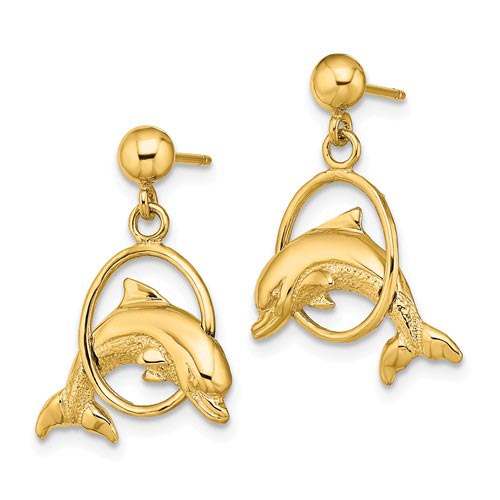14k Yellow Gold Textured Dolphin Jumping Through Hoop Dangle Earrings