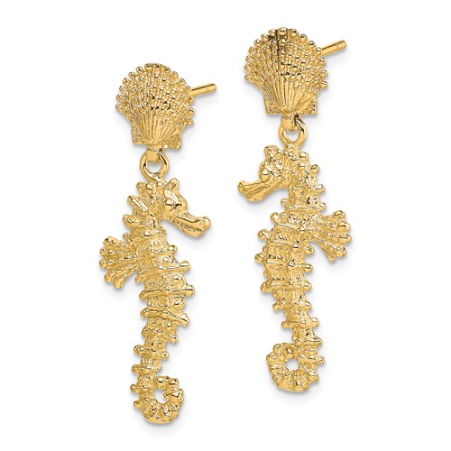 14k Yellow Gold Seahorse and Shell Dangle Post Earrings