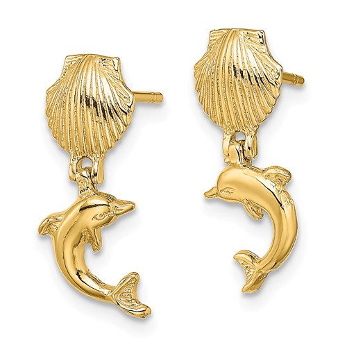 14k Yellow Gold Dolphin Scallop Shell Dangle Earrings