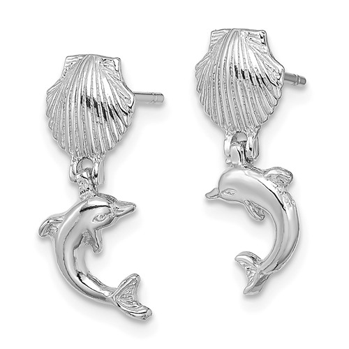 14k White Gold Mini Dolphin and Scallop Shell Dangle Earrings 3/4in
