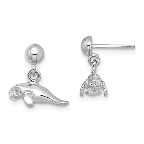 14k White Gold 3-D Polished Mini Manatee Dangle Earrings