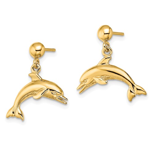 14k Yellow Gold Jumping Dolphin Dangle Ball Earrings