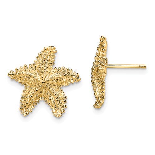 14k Yellow Gold Beaded Textured Starfish Post Earrings