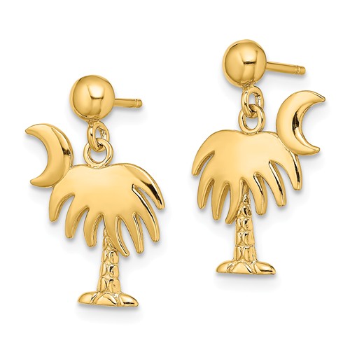 14k Yellow Gold Charleston Palm Tree and Crescent Moon Dangle Earrings