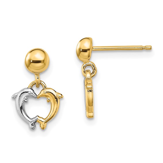 14k Yellow Gold with Rhodium Dolphin Dangle Earrings