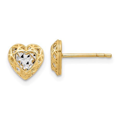 14k Yellow Gold with Rhodium Diamond-cut Center Heart Earrings