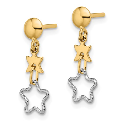 14k Two-tone Gold Small Star and Open Star Dangle Earrings 3/4in