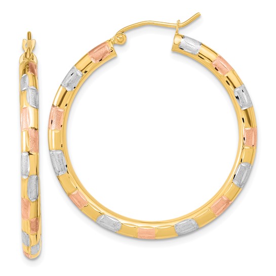 14k Yellow Gold with White and Rose Rhodium Satin Diamond-cut Hoop Earrings 1.5in