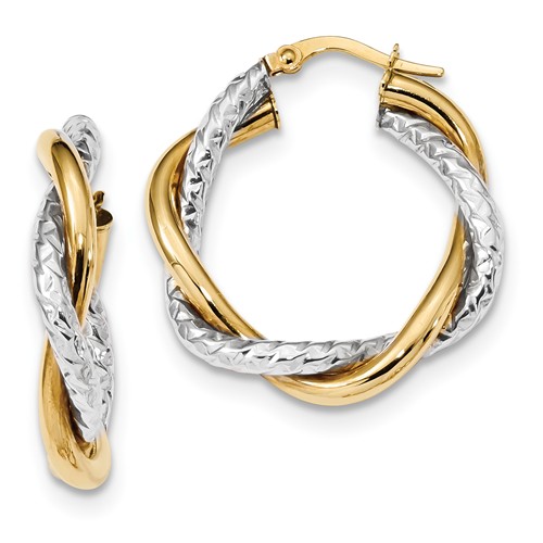 14k Two-tone Gold Italian Twisted Hoop Earrings Textured Finish 1in