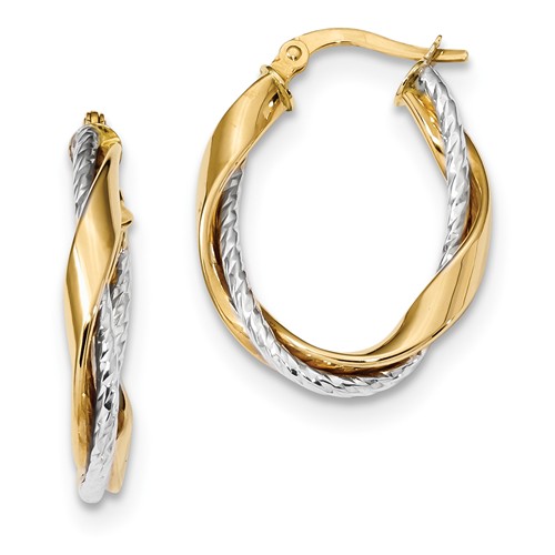 14k Two-tone Gold 1in Diamond-cut Rope and Polished Oval Hoop Earrings