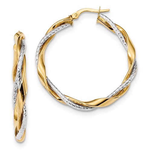 14kt Two-tone Gold 1 3/8in Diamond-cut Rope and Polished Hoop Earrings