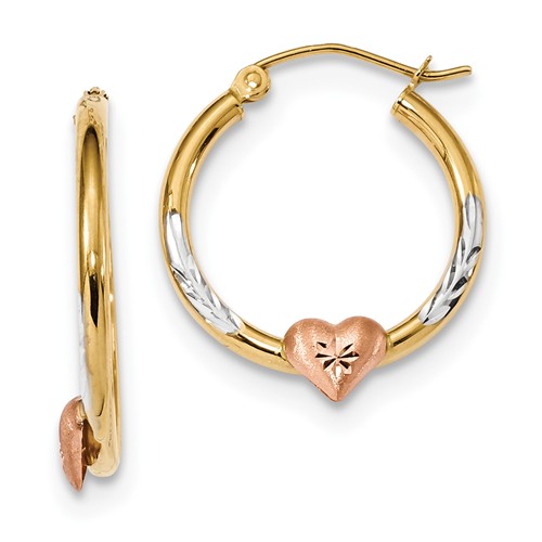 14k Two-tone Gold Heart Hoop Earrings with Rhodium 3/4in