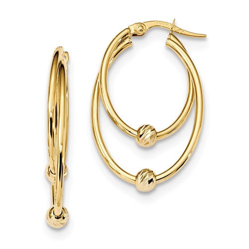 14k Yellow Gold Diamond-cut Double Hoop Earrings with Beads 1 1/4in