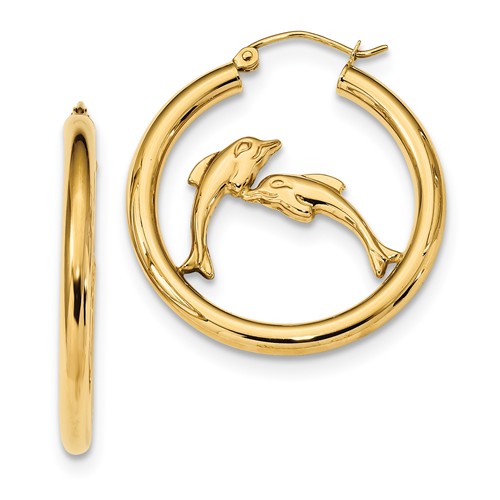14k Yellow Gold Dolphins in Hoop Earrings 1.25in