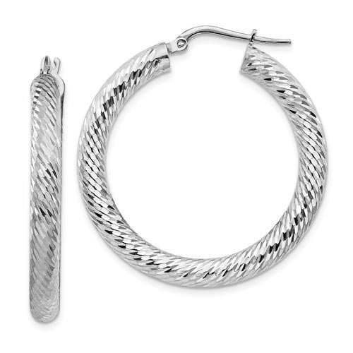 14k White Gold Diamond-cut Hoop Earrings 1in