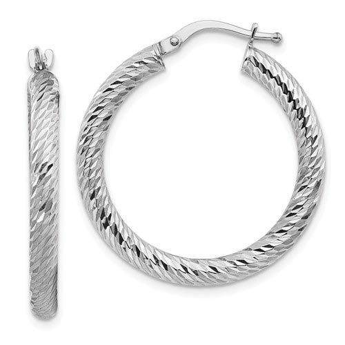 14k White Gold Diamond-cut Hoop Earrings 3/4in