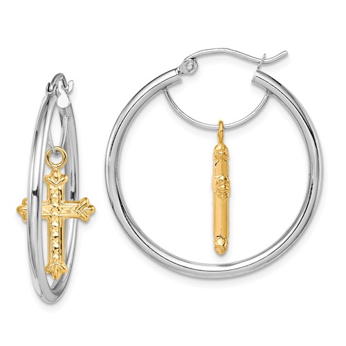 14k Two-tone Gold Diamond-cut Cross Dangle Hoop Earrings 1in