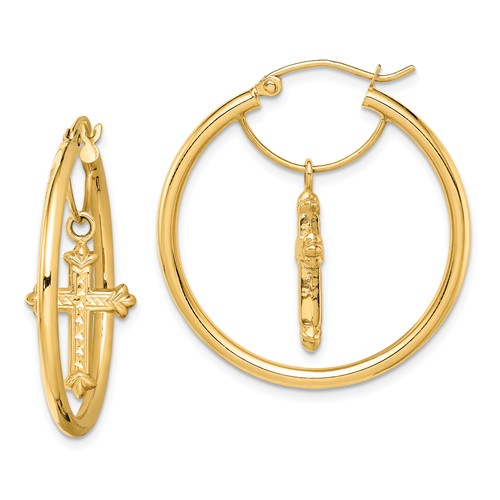 14k Yellow Gold Diamond-cut Cross Dangle Hoop Earrings 1in