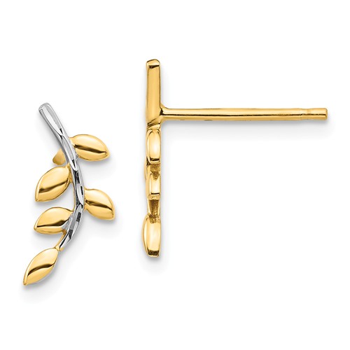 14k Yellow Gold with Rhodium Leaves Post Earrings 1/2in