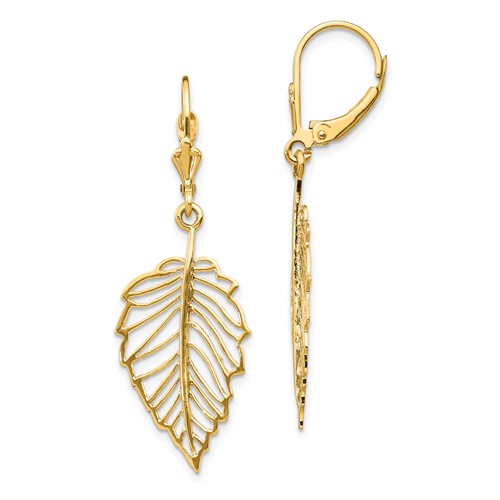 14k Yellow Gold Polished Single Leaf Leverback Earrings 1 3/4in