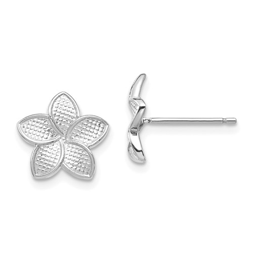 14k White Gold Polished & Textured Plumeria Post Earrings 3/8in