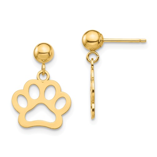 14k Yellow Gold Dog Paw Dangle Earrings 5/8in