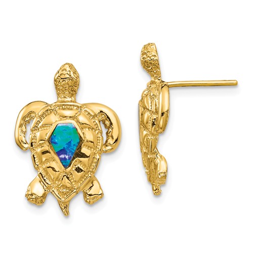 14k Yellow Gold Created Opal Turtle Post Earrings 3/4in