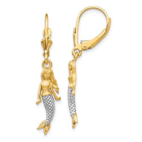 14k Yellow Gold and Rhodium Mermaid Earrings 1 1/4in