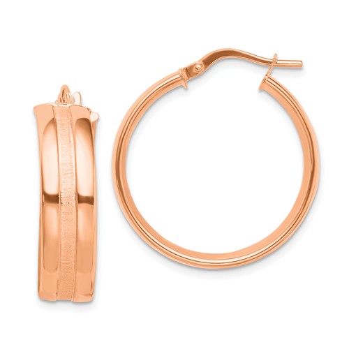 14k Rose Gold Satin Groove and Polished Hoop Earrings 1in