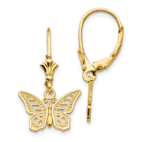 14k Yellow Gold Butterfly Leverback Dangle Earrings