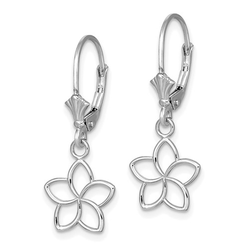 14k White Gold Cut-out Plumeria Flower Leverback Earrings