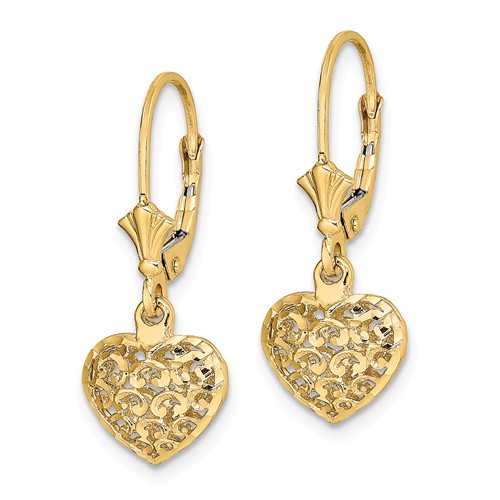 14k Yellow Gold Diamond-cut Puffed Heart Leverback Earrings