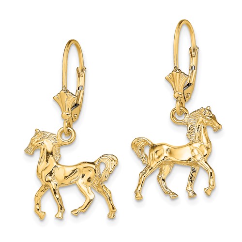 14k Yellow Gold 3-D Small Horse Leverback Earrings