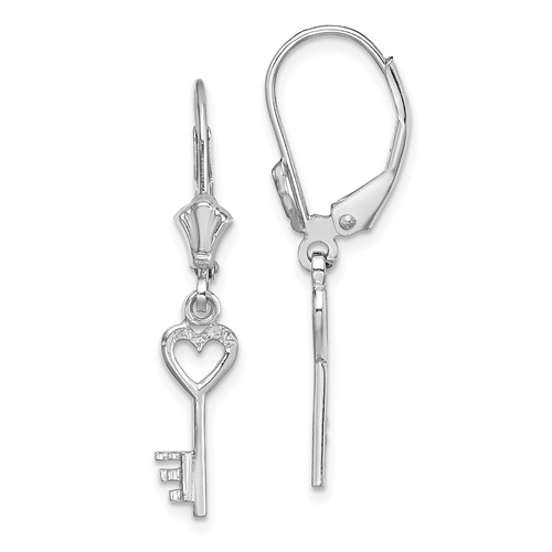 14k White Gold Heart Key Leverback Earrings