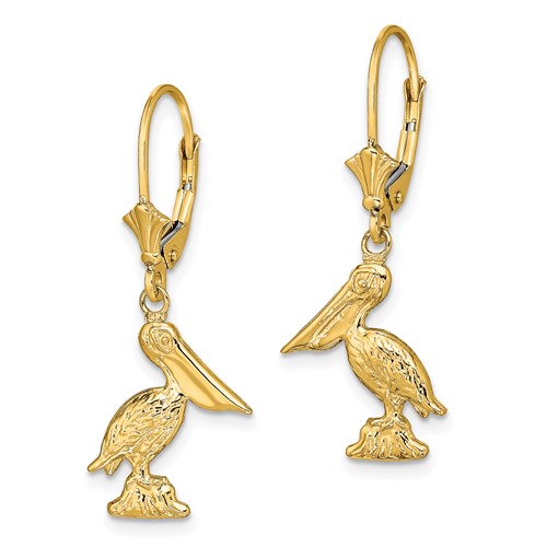 14k Yellow Gold 3-D Pelican Leverback Earrings