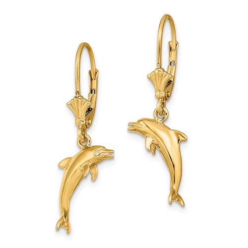 14kt Yellow Gold Jumping Dolphin Leverback Earrings